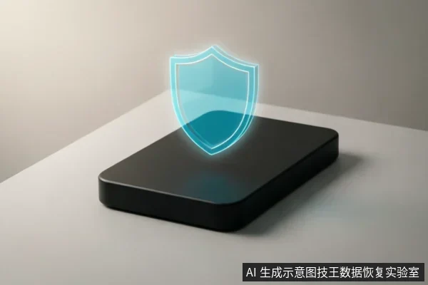 一个黑色的长方形移动硬盘平放在白色桌面上,其上方悬浮着一个发光的青蓝色全息盾牌图标,象征数据保护与安全。