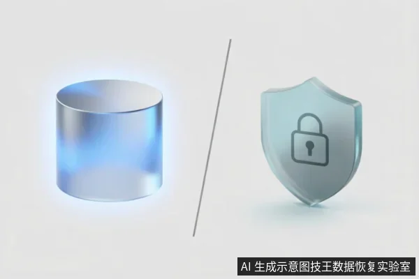 画面左侧为一个发光的蓝色圆柱体，象征机械硬盘存储介质；右侧为一个带有挂锁图标的透明盾牌，象征数据安全与保护。中间由一条斜线分隔，直观表达了在数据恢复前对原始介质进行只读评估与安全防护的理念。