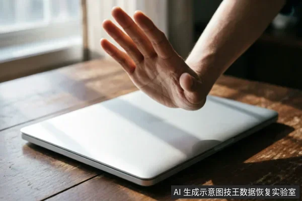 一只张开的手掌悬停在闭合的银色笔记本电脑上方,做出阻止或拒绝的手势。阳光透过百叶窗在电脑表面投下条纹光影,背景为木质桌面,表现出对操作电脑的制止意图。