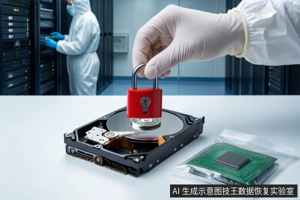 洁净室白色桌面上，前景一只戴白手套的手持红色挂锁悬停在打开外壳的机械硬盘上方。右侧防静电袋内装有一块绿色闪存芯片。背景中一名穿无尘服的技术人员站在服务器机柜旁。