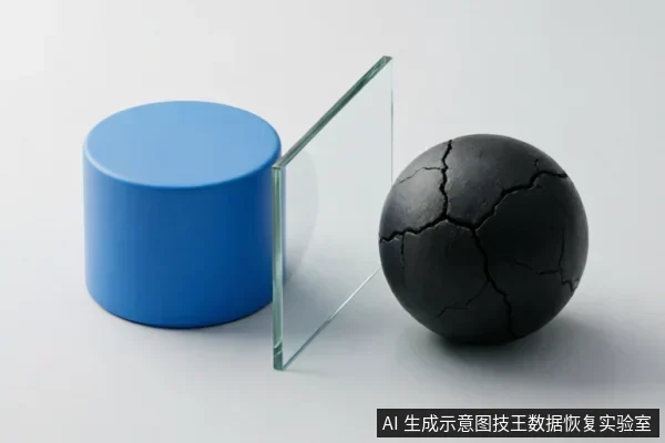 画面展示了一个蓝色圆柱体、一块竖立的透明玻璃板和一个表面布满裂纹的黑色球体。三者呈线性排列,玻璃板位于中间作为物理屏障,将完好的蓝色圆柱与破损的黑色球体隔开,象征对受损介质的隔离保护。