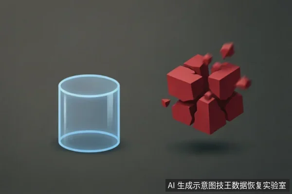 画面左侧为一个发光的透明圆柱体轮廓,象征完整的数据容器或存储介质;右侧为一组正在崩解破碎的红色立方体块,象征损坏的文件结构或物理介质故障。两者并列展示,直观对比了数据完好与结构崩溃的状态。