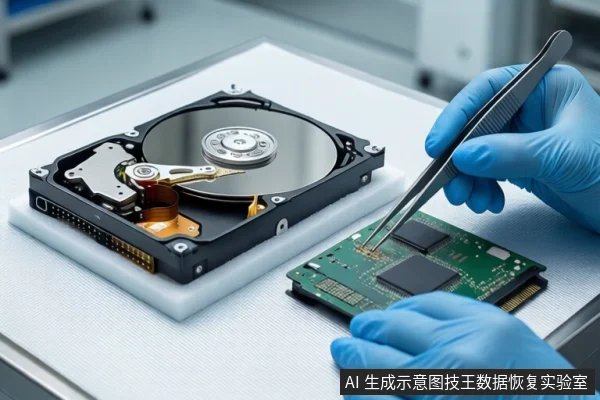 白色防静电工作台上,左侧白色泡沫垫上平放一块打开外壳的机械硬盘,可见盘片、主轴和磁头臂。右侧一双戴蓝色手套的手正持握镊子,对一块绿色的固态硬盘电路板进行芯片级操作。背景为模糊的实验室环境。