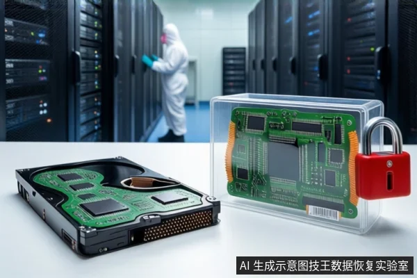 白色桌面上平放一块打开外壳的机械硬盘,右侧竖立一个透明盒,内部装有绿色电路板并挂有红色挂锁。背景为模糊的服务器机柜和一名穿无尘服的技术人员。