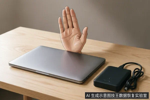 一只卡通风格的手掌从闭合的笔记本电脑屏幕中伸出,做出“停止”的手势。旁边桌面上放置着黑色的电源适配器及线缆,直观表达立即断电、禁止操作的含义。