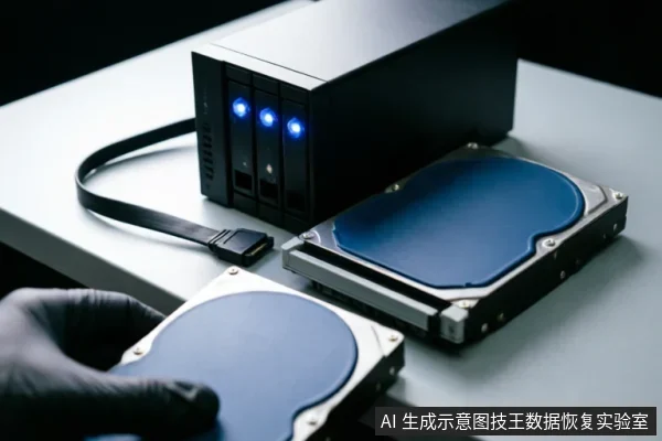 一只戴着黑色手套的手正拿着一块蓝色盘面的机械硬盘,准备将其安装或取出。旁边放置着一个带有三个蓝色指示灯的黑色多盘位存储设备(如NAS或硬盘阵列),以及一条黑色的数据线。画面展示了数据恢复或硬件检测环境中的操作场景。