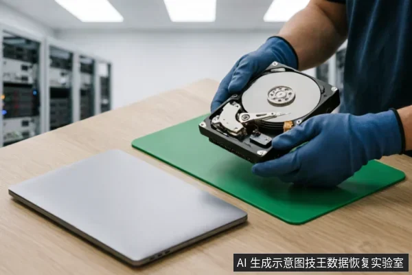 戴蓝色防静电手套的专业人员双手托举着已拆解外壳的机械硬盘,展示内部盘片与磁头组件。桌面上放置有绿色防静电垫和闭合的笔记本电脑,背景为模糊的服务器机柜,呈现专业数据恢复或硬件检测环境。