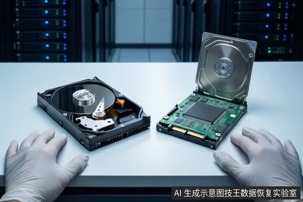 白色桌面上,左侧平放一块打开外壳的机械硬盘,右侧平放一块打开外壳的SSD固态硬盘,露出绿色PCB和主控芯片。一双戴白色手套的手平放在桌面两侧,背景为模糊的服务器机柜。