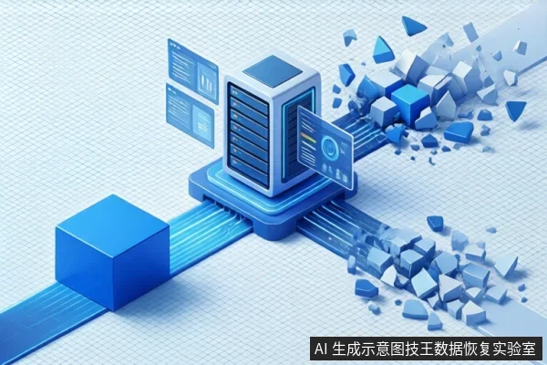浅蓝网格背景上，蓝色存储塔立于平台，右侧透明屏障碎裂并散落蓝色几何碎片，左侧蓝色方块沿轨道连接。