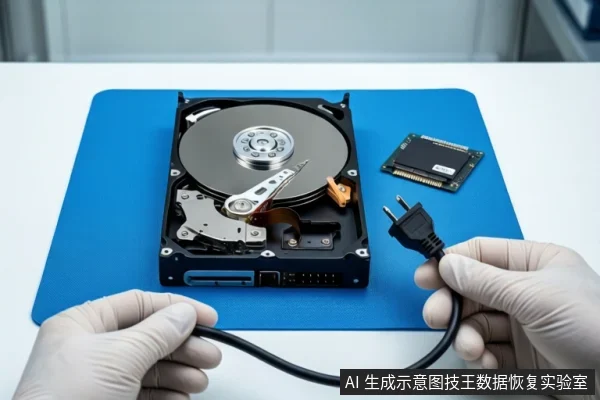 蓝色防静电垫上平放一块打开外壳的机械硬盘，右侧有一块SSD电路板。一双戴白手套的手正握持一根黑色电源线缆，将其悬停在硬盘上方。