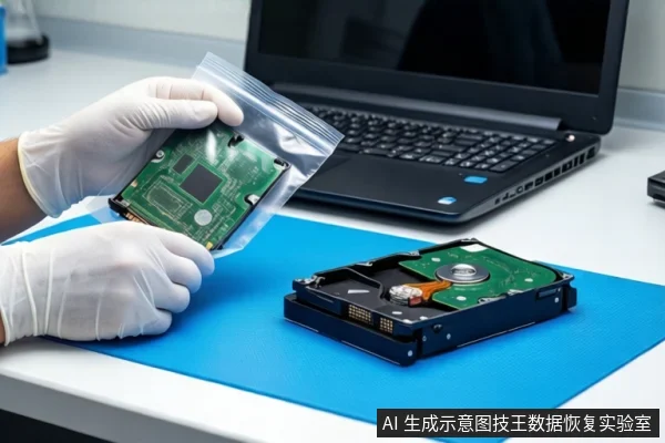 白色台面上铺着蓝色防静电垫,一双戴白手套的手正握持一个透明自封袋,袋内装有一块绿色PCB电路板。右侧平放一块打开外壳的机械硬盘,背景是一台打开的黑色笔记本电脑。