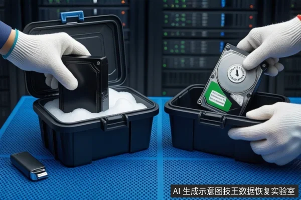 蓝色防静电垫上,一双戴白手套的手正将一块黑色硬盘放入装有白色泡沫的黑色防震箱中,另一只手正从右侧防震箱中取出一块机械硬盘,背景为模糊的服务器机柜。