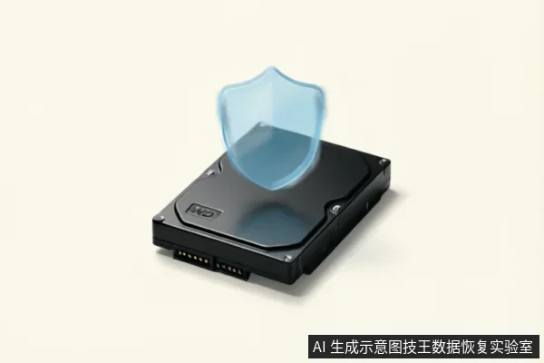 画面展示了一块黑色的WD品牌机械硬盘，其上方悬浮着一个半透明的蓝色盾牌图标。该图像通过视觉符号象征对存储设备的数据保护与安全防护，对应文中关于硬件故障时避免自行操作、防止二次损伤及寻求专业检测的安全止损理念。