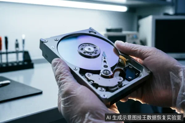 戴着透明防护手套的双手托举着一块已打开外壳的机械硬盘，清晰展示了内部的磁盘盘片与读写磁头臂。背景为模糊的专业维修工作台及工具架，体现了数据恢复实验室中对硬件介质进行专业评估与拆解检测的场景。