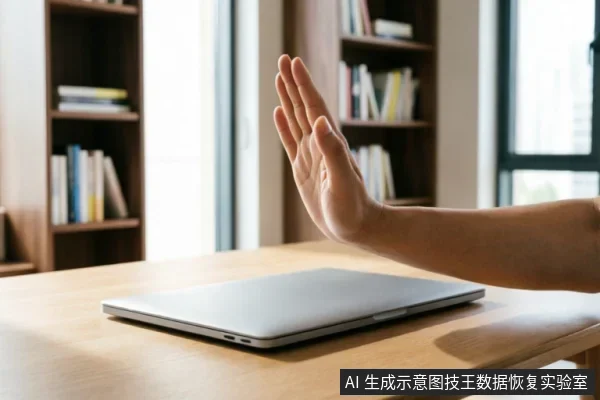 一只手掌在闭合的笔记本电脑前做出停止手势,示意拒绝操作。背景为模糊的书架和窗户,桌面整洁,强调面对设备故障时立即停止写入、保护原始数据的止损原则。
