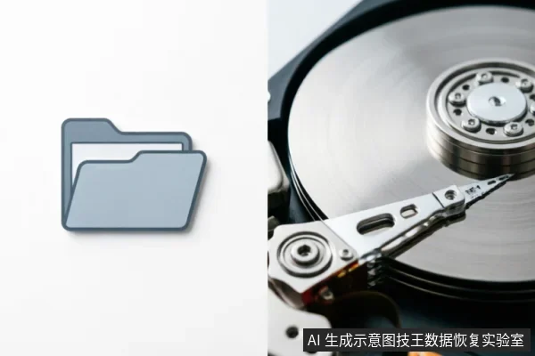 左侧为电脑文件资源管理器的灰色文件夹图标，象征系统可见的逻辑分区与数据；右侧为机械硬盘内部特写，清晰展示了高速旋转的金属磁盘盘片及悬停其上的读写磁头组件。