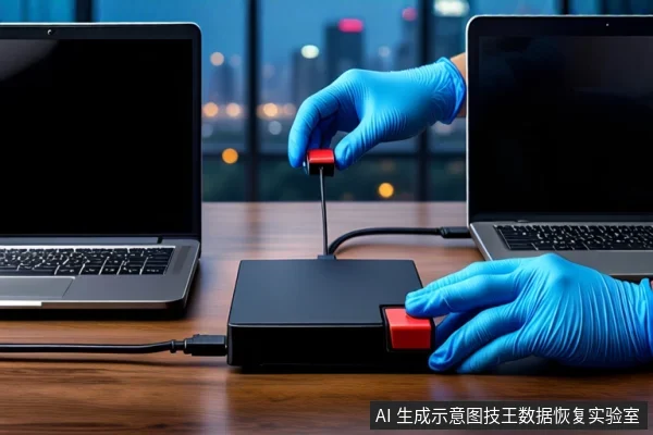 深色木桌上,中间平放一个黑色外接硬盘盒,一只戴蓝色手套的手持红色USB接头悬停在上方,另一只手按压硬盘盒侧面的红色按钮。左右两侧各有一台屏幕关闭的银色笔记本电脑,背景是模糊的城市夜景窗户。