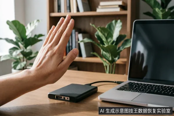一只手掌在木质桌面上做出停止的手势,前方放置着一台连接着笔记本电脑的黑色只读隔离设备。背景为书架和绿植,画面直观传达在数据恢复过程中禁止对故障硬盘进行写入操作的安全警示。