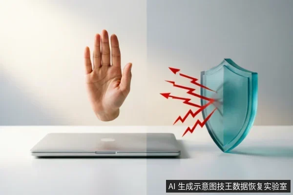 画面左侧为闭合的银色笔记本电脑,上方悬浮一只手掌做出停止手势;右侧竖立一面蓝色透明盾牌,正抵挡多道红色闪电状攻击箭头。整体象征在电脑故障或进水等风险下,采取紧急止损措施以保护数据安全。