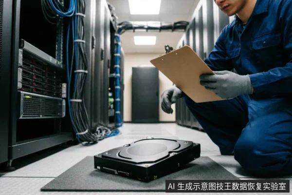 一名身穿蓝色工装、戴手套的技术人员跪在服务器机房过道中,手持写字板记录数据。其前方防静电垫上放置着一台已拆解外壳的机械硬盘,背景为排列整齐的服务器机柜和线缆,呈现专业硬件检测场景。