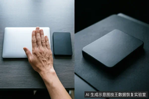 画面展示了一只手悬停在闭合的银色笔记本电脑上方,旁边放置着一个黑色的移动硬盘。右侧为该黑色硬盘的特写镜头,置于深色桌面上。整体呈现数据恢复或硬件检测的场景氛围,无屏幕文字显示。