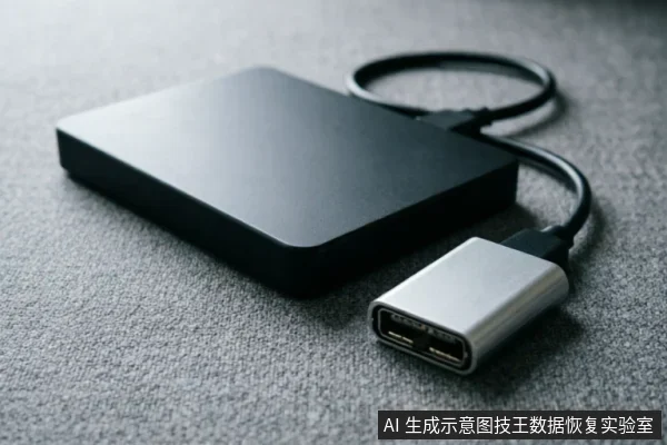 图片展示了一个黑色的移动硬盘放置在灰色织物背景上，连接着一根数据线，线缆末端是一个银色的USB-C转接头，清晰呈现了存储设备的外部物理连接状态。