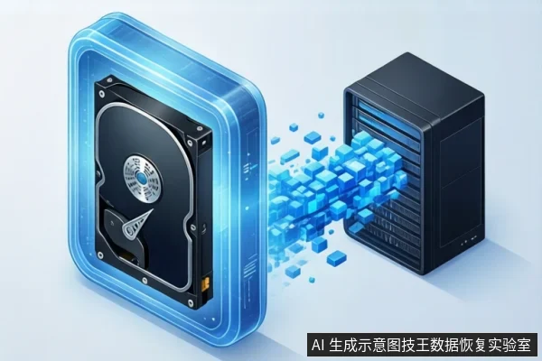 左侧蓝色透明防护罩内有一块机械硬盘,中间蓝色立方体数据流飞向右侧黑色存储设备,右下角有固定标识。