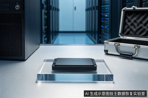 洁净室白色桌面上，一块黑色固态硬盘平放在透明底座上，左侧为黑色塔式主机，右侧为打开的银色金属防震箱，背景可见服务器机柜。