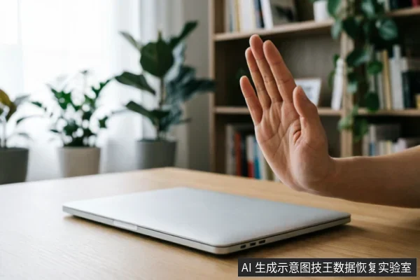 一只手掌在闭合的笔记本电脑前做出停止手势,示意拒绝或中断操作。背景为模糊的书架和绿植,桌面整洁无其他设备。画面直观传达了“立即停止”、“禁止通电”或“不要尝试软件修复”的含义,契合文中关于遇到硬盘异常时应停止扫描、保护原始介质的核心建议。
