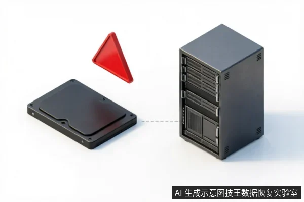 图片展示了一个黑色移动硬盘与一台服务器机箱,两者之间通过虚线连接。硬盘上方悬浮着一个红色三角形警告标志,示意设备存在故障或风险,需专业处理。