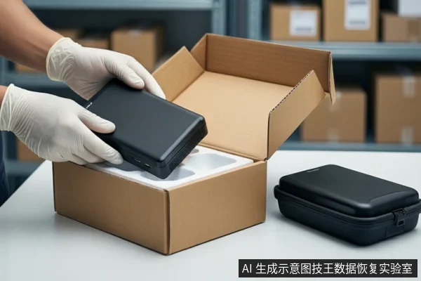 仓库环境中,白色桌面上放置一个打开的棕色纸箱,箱内为白色防震泡沫。一双戴白色手套的手正扶握一块黑色移动硬盘,准备放入泡沫中。右侧桌面上放置一个闭合的黑色防震箱。背景可见货架和堆叠的纸箱。