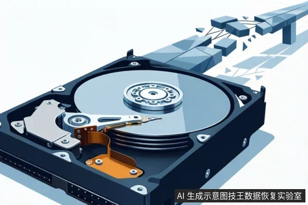 黑色机械硬盘打开外壳,可见盘片、主轴、磁头臂与橙色柔性排线;右上方延伸出由方块和线条组成的抽象数据流示意。
