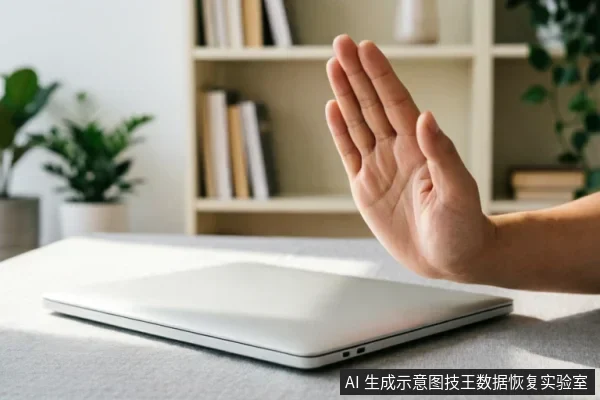 画面展示了一只手掌在闭合的笔记本电脑前做出明确的“停止”手势,背景为模糊的书架和绿植。该场景直观地传达了“立即停止操作”、“禁止写入”或“保持现状”的含义,与文中强调的“安全操作边界”及“优先断电止损”的核心建议高度契合。