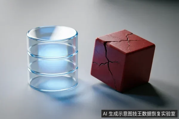 画面左侧为一个发光的透明圆柱体数据库图标,象征数据或备份系统;右侧放置一个表面布满裂纹的红色立方体,象征出现物理损坏或异常的存储介质。两者并排置于灰色背景上,直观展示数据与故障硬件的对比状态。