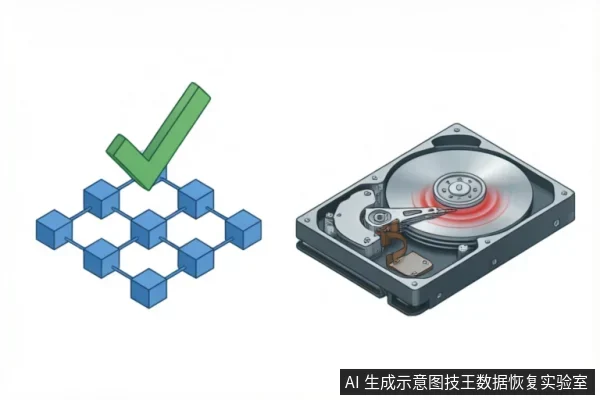 画面左侧为蓝色网格状结构上方悬浮绿色对勾,象征逻辑层面的正确或软件修复;右侧为一台内部盘片旋转、磁头臂工作的机械硬盘,中心带有红色光晕警示。两者并列对比,直观区分了逻辑故障与物理硬件异常两种状态。