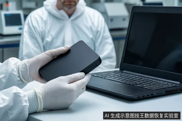 洁净室环境中，前景一双戴白色手套的手正握持一个黑色移动硬盘，右侧桌面上放置一台打开的黑屏笔记本电脑。背景中一名身穿白色无尘服的技术人员正在操作设备。