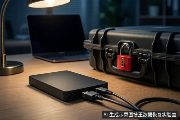 木质桌面上,前景平放一个黑色外接硬盘盒,连接着两根黑色线缆。右侧放置一个挂有红色挂锁的黑色防震箱,背景有一台笔记本电脑和台灯。