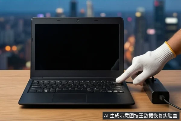 木质桌面上放置一台打开的黑屏笔记本电脑，右侧一只戴白色手套的手正握持黑色电源插头，悬停在笔记本侧面接口上方。背景为模糊的城市夜景。
