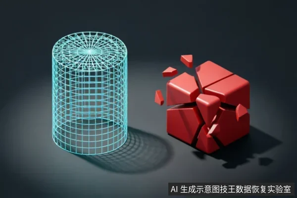 画面左侧为一个青色线框圆柱体,象征完整的数据结构或逻辑存储;右侧为一个正在碎裂崩解的红色实体方块,象征遭受物理撞击或硬件损坏的存储介质。两者并置形成对比,直观表现数据完整性与物理介质破损的关系。