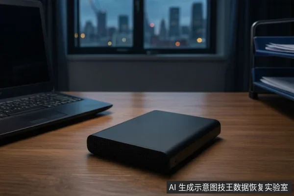 木质桌面上平放一个黑色方形移动硬盘,左侧有一台打开的黑色笔记本电脑,背景是模糊的城市夜景窗户。画面中没有人员操作。