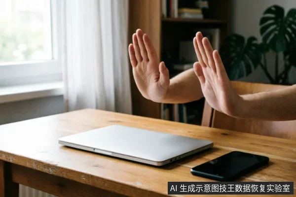 木质桌面上放置着一台闭合的银色笔记本电脑和一部黑色智能手机。画面中一双男性的手在设备上方举起，掌心向前做出明确的拒绝或停止手势，示意暂停操作。背景为明亮的窗边与书架，整体传达出紧急止损、避免进一步操作的警示含义。