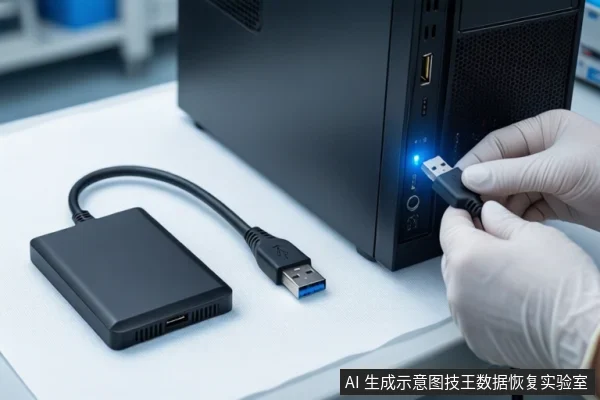 白色桌面上，左侧平放一个黑色外接硬盘盒，连接着一根黑色USB数据线。右侧竖立一台黑色塔式主机，前景一双戴白手套的手正在将USB插头插入主机正面接口。