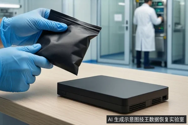 洁净室环境中，一双戴蓝色手套的手正握持一个黑色防静电袋，悬停在一个闭合的黑色移动硬盘上方。背景中有一名身穿白色无尘服的技术人员正在操作设备。