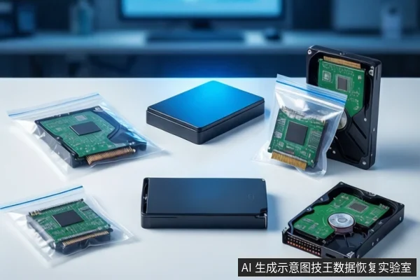 白色桌面上静态陈列多个存储设备,包括两个黑色硬盘盒、两块打开外壳的机械硬盘以及三个防静电袋封装的存储芯片,背景为模糊的蓝色显示器。