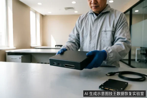 一名身穿灰色工作服并佩戴蓝色防静电手套的技术人员,双手托举着一个黑色移动硬盘外壳,桌面上放置着一块裸露的机械硬盘及连接线,背景为明亮的实验室环境。