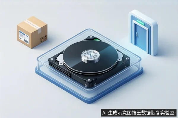 白色背景上,一个透明防尘箱内平放一块打开外壳的机械硬盘,左侧有一个纸箱,右侧有一个带绿色指示灯的蓝色门形图标。