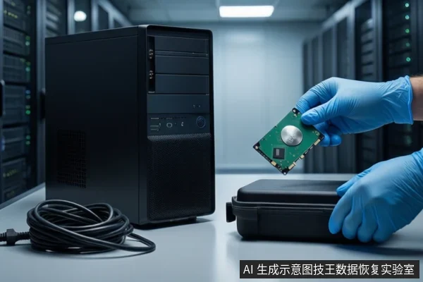 服务器机房背景前的桌面上,左侧是一台黑色台式主机和盘绕的黑色线缆,右侧一双戴蓝色手套的手正握持一块绿色的固态硬盘模块,下方是一个闭合的黑色防震箱。
