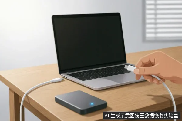 木质桌面上放置着一台笔记本电脑和一个带有蓝色指示灯的深灰色移动硬盘。一只手正拿着白色数据线准备连接电脑接口,示意将存储设备接入电脑进行数据核对或备份操作。