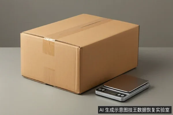 灰色桌面上放置一个用胶带封好的棕色纸箱,旁边有一台小型电子秤。