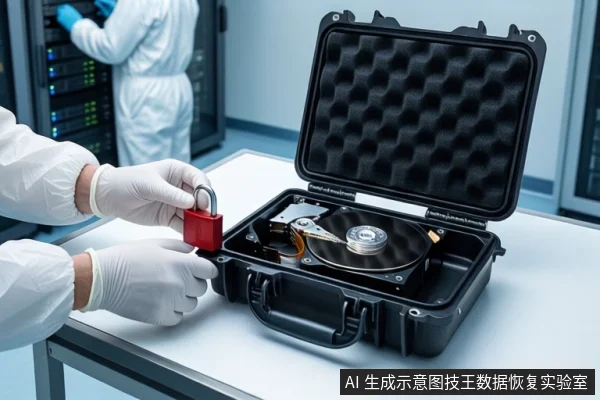 洁净室白色桌面上，前景黑色防震箱打开，箱内固定一块机械硬盘。左侧一双戴白手套的手持红色挂锁悬停在箱口上方。背景中一名穿无尘服的技术人员站在服务器机柜旁。